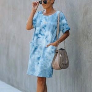 Smiley Pocketed Tie Dye T-Shirt Dress - Blue from Vici